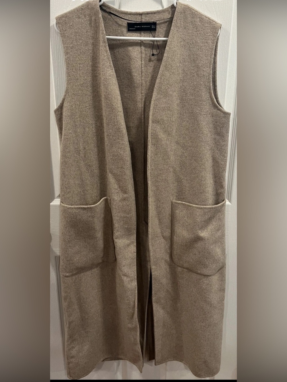 Zara Woman Wool Blend Long Duster Vest Size M Taupe/Beige Sleeveless Cardigan